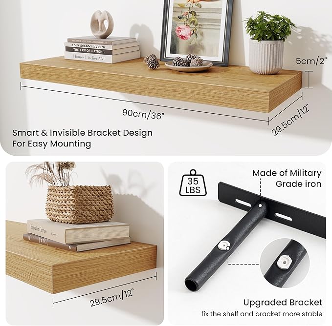 Fun Memories 12" Deep Floating Shelves for Wall, 36" W x 12" D Floating Shelves, Long Wood Floating Wall Shelf for Living Room Bathroom Bedroom Kitchen, Oak, Set of 2