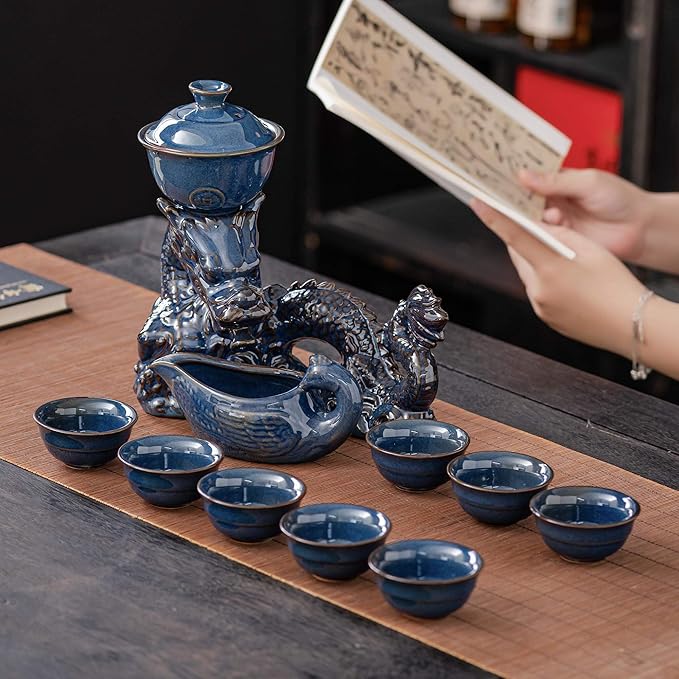 Ceramic Teapot with Infuser Semi Automatic Tea Set Magic Teapot with 8 cups Gradient Color (Blue Dragon- C)