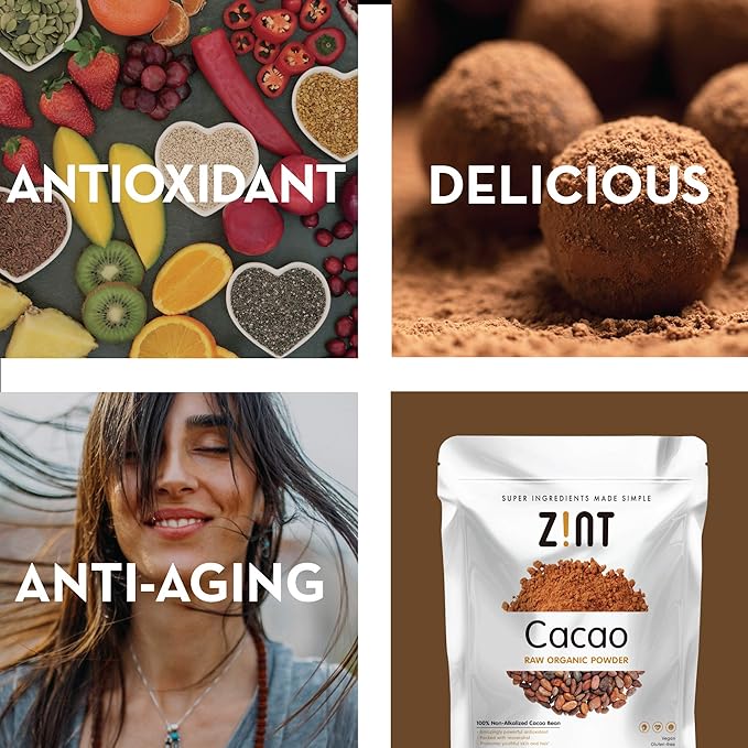 Zint Organic Cacao Powder (8 oz): Paleo-Certified, Organic, Non GMO, Anti Aging Antioxidant Superfood, Gluten Free Cocoa Cacao Beans, Pure Delicious Chocolate Essence