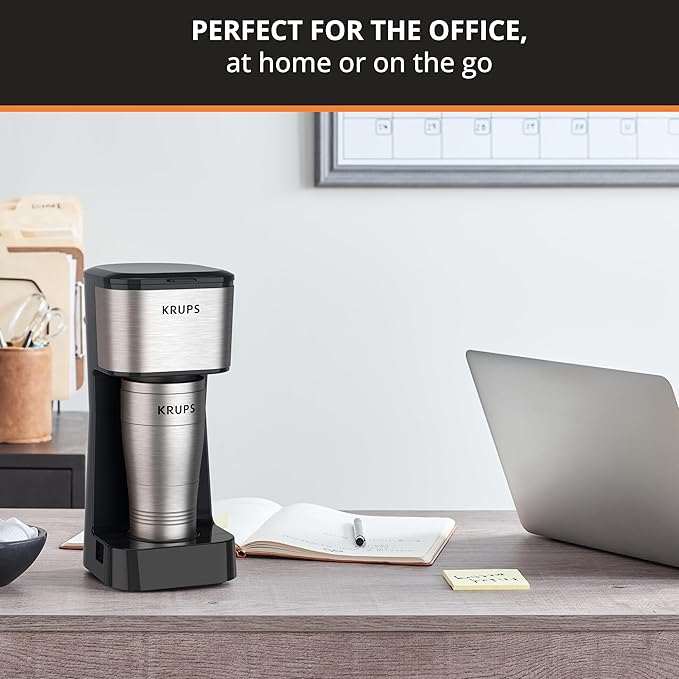 KRUPS: 2 Cup Coffee Maker, Simply Brew Stainless Steel Single Serve Drip Coffee Machine and Travel Tumbler 14 Ounce Stainless Steel Tumbler Included 650 Watts Coffee Filter, Compact Silver and Black