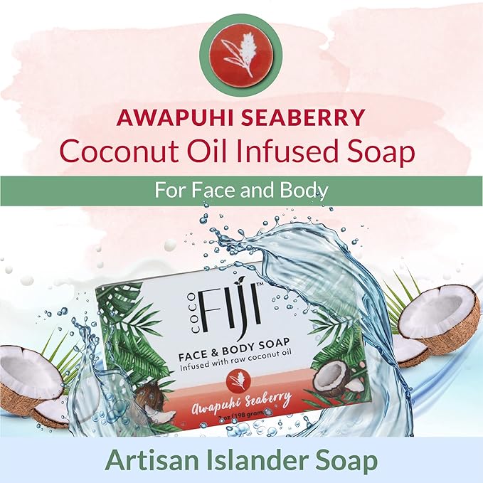 "Coco Fiji Soap Bar for Face and Body Infused With Organic Coconut Oil, Awapuhi Seaberry, Essential Oil, Natural Soap for Moisturizing & Pore Purifying Skin, 7 oz, Pack Of 3 "