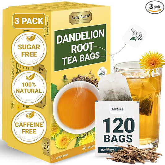 LeafLea 120 Dandelion Root Tea Bags, Dandelion Tea Promotes Healthy Digestion & Immune Function, Natural and Pure from Dandelion Root Herbal Tea, Caffeine-Free, Sugar-Free, Vegan, Pack of 3