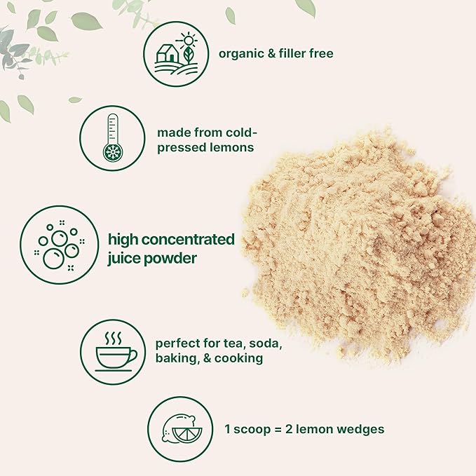 Organic Lemon Juice Powder, 10 Ounce, Cold Pressed Concentrated, Filler Free, Rich in Natural Vitamin C for Immune System Booster, Great Flavor for Soda, Baking and Cooking, Vegan Friendly