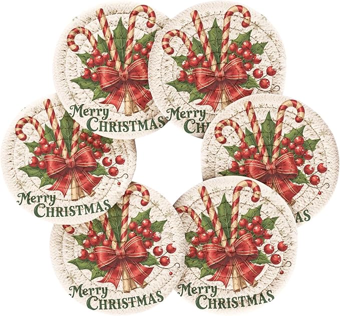 Christmas Coasters with Holder Merry Christmas Bow Candy Holly Canes Coasters Set of 6 Cotton Woven Absorbent Cup Coaster Xmas Holiday Party Table Decor 4 Inches