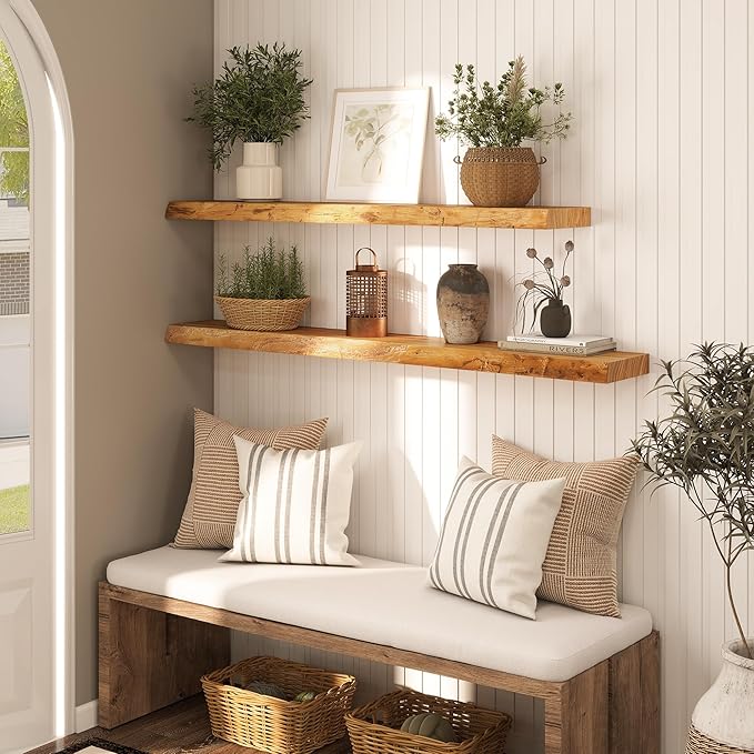 48" Rustic Elm Floating Shelves - Solid Wood Live Edge with Invisible Brackets, Wall Mounted Shelf for Living Room, Kitchen & Bathroom Decor, Natural