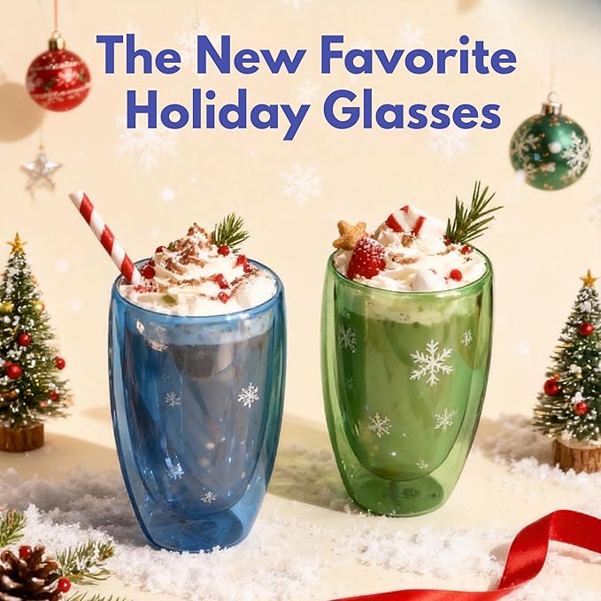 Double Wall Glass Cup 15oz Insulated Coffee Mug for Coffee Tasting Christmas Drinks Home Café Cozy Nights Holiday Gifts Set in Ocean Blue/Botanic Green