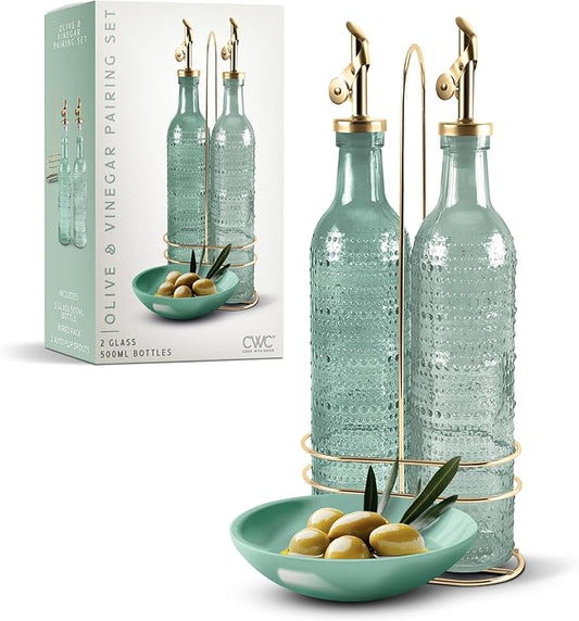 COOK WITH COLOR Glass Olive Oil Bottle Dispenser - 2 Pack- 17oz Oil and Vinegar Cruet - Olive Oil Carafe Decanter for Kitchen, Champagne Bubbles, Green