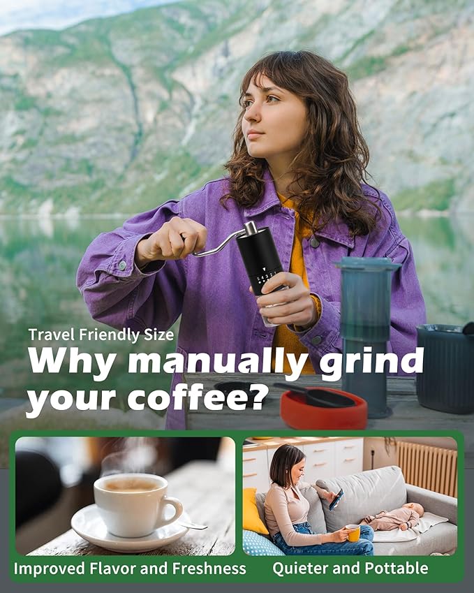 Stainless steel Burr Manual Coffee Grinder for Drip French Press,5 Adjustable Settings,Hand Coffee Grinder,For Home Use and Camping,Coffee Bean Grinders With Hand Crank (Stainless steel Burr-Black)
