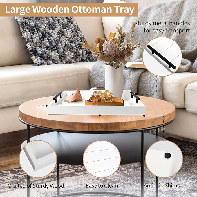 Coffee Table Tray - Large Ottoman Tray for Living Room - Wood Serving Tray with 2 Sets of Handles - Wooden Tray for Coffee Table, 4 Round Coasters Included, White