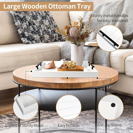 Coffee Table Tray - Large Ottoman Tray for Living Room - Wood Serving Tray with 2 Sets of Handles - Wooden Tray for Coffee Table, 4 Round Coasters Included, White