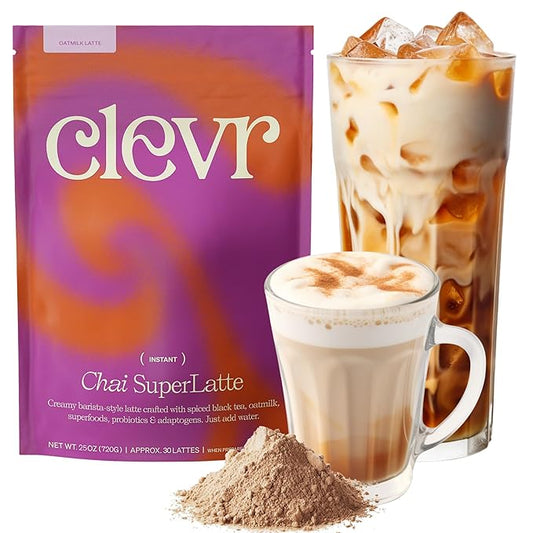 Clevr Chai Tea Latte, Instant Superfood Powder Blend with Oat Milk, Lions Mane, Reishi Mushroom, Black Tea, Organic Spices, Coconut Cream, Ashwagandha, Oprah’s Favorite Things 2022, (30 Lattes)