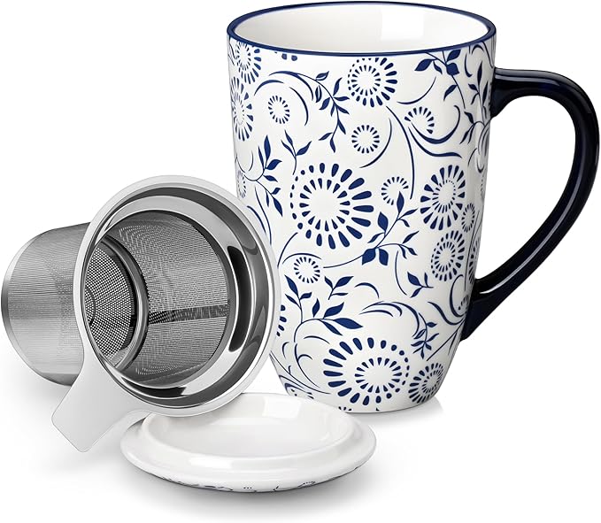 vancasso SELENE Porcelain Tea Mug, 18 oz Porcelain Tea Cup with Infuser and Lid Steeps Loose Leaf Tea, Microwave & Dishwasher Safe, Floral Bloom