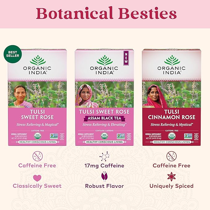 Organic India Tulsi Cinnamon Rose Herbal Tea - Holy Basil, Stress Relieving & Mystical, Immune Support, USDA Certified Organic, Supports Sugar Metabolism, Caffeine-Free - 18 Infusion Bags, 6 Pack