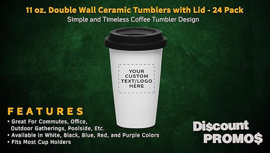 Personalized 11 oz. Double Wall Ceramic Tumblers with Lid - 24 Pack - Custom Text, Logo - Black