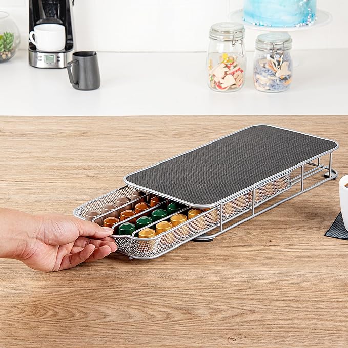 Restaurantware Restpresso 14.8 x 7.3 x 2.4 Inch Coffee Capsule Drawer 1 Heavy-Duty Pod Drawer - Holds 40 Nespresso Capsules Grip Top Iron Espresso Pod Organizer Mesh Tray Pods Not Included