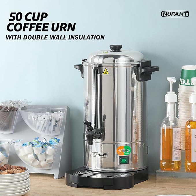 Commercial Coffee Urn 50 Cup/8L Coffee Dispenser with Upgraded Percolator, Double Wall 304 Stainless Steel Hot Water Urn Beverage Dispenser with Keep Warm Mode, Large Coffee Maker for Catering Party