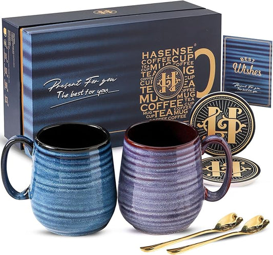 HASENSE Ceramic Coffee Mug Set, 20 Oz Tea Cups for Women and Men, Premium Large Latte Mugs with Handle, Gift Cup with Coaster & Gold Spoon for Couples, Blue & Purple