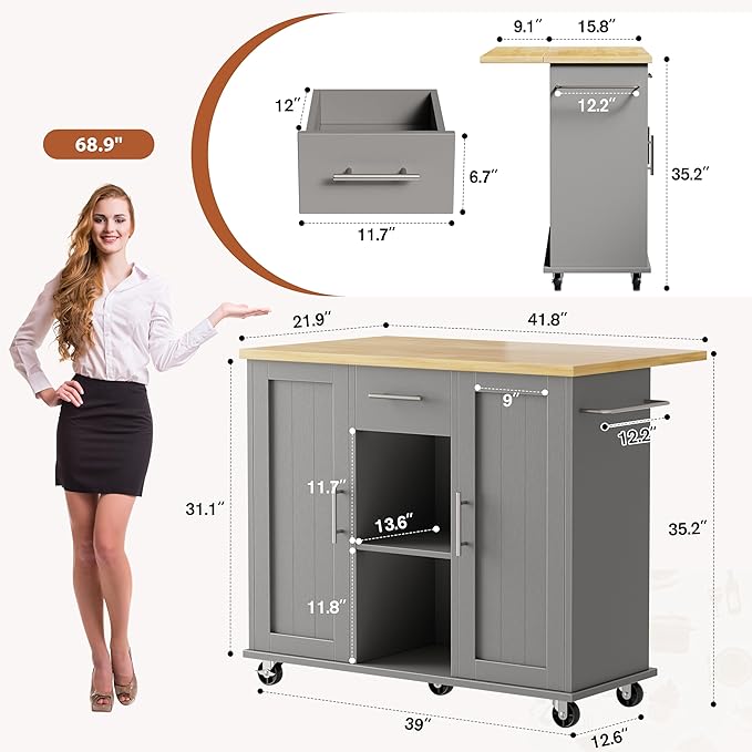 JY QAQA 42" Kitchen Island with Storage on Wheels, Rolling Table with Drop Leaf, Drawers, Cart Handle for Towel Rack or Free Movement, Gray