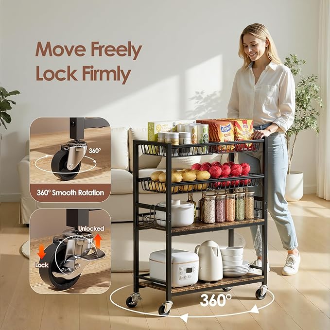 Fruit Vegetable Storage Cart, 4-Tier Rolling Kitchen Storage Cart, Fruit & Vegetables Basket Stand, Snack Organizer Shelf Unit for Kitchen, Bathroom, Living Room, Office, Balcony, Black