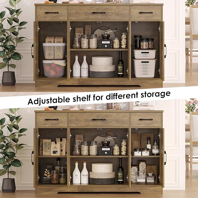 HOSTACK Buffet Sideboard Cabinet with Drawers, 55" Large Buffet Storage Cabinet with Shelves and Doors, Modern Farmhouse Coffee Bar Station Wood Kitchen Table for Kitchen, Dining Room, Rustic Brown