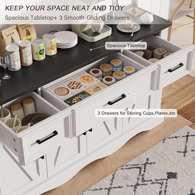 56" Modern Farmhouse Sideboard Buffet Cabinet with 4 Doors and 3 Drawers, Coffee Bar with Charging Station & Adjustable Shelves, Large Kitchen Storage for Hallway, Entryway, Living Room, White