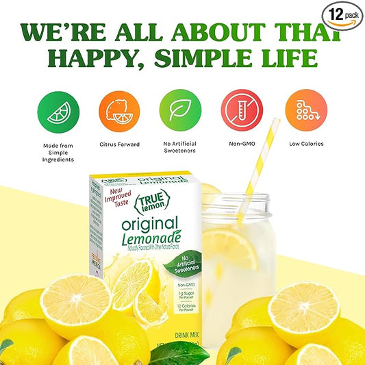 TRUE LEMON Original Lemonade Drink Mix | No Artificial Sweeteners, Low Calorie | Water Flavor Packets & Water Enhancer with Stevia 10 Count (Pack of 12)