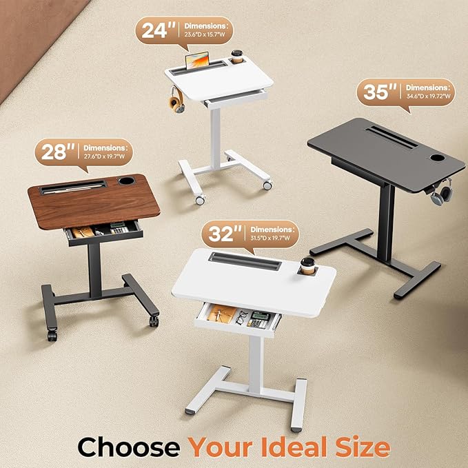 Mobile Standing Desk with Drawer, 32" Rolling Desk with Cup Holder and Hooks, Portable Laptop Cart on Wheels, Height Adjustable Workstation with Storage for Home Office, White