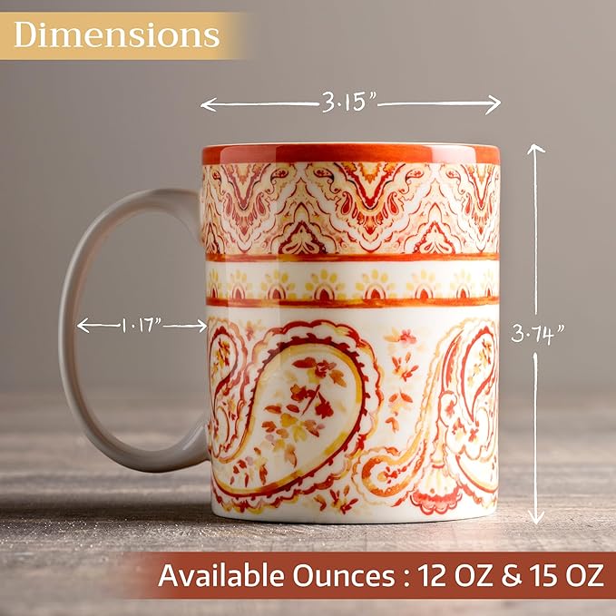 Maison d' Hermine Coffee Mug with Handles Fine Bone China Mugs Pack of Two Tea Cups for Hot Beverages Cappuccino Latte Home Restaurant Office Perfect for Gift (Palatial Paisley, 12 Ounce)