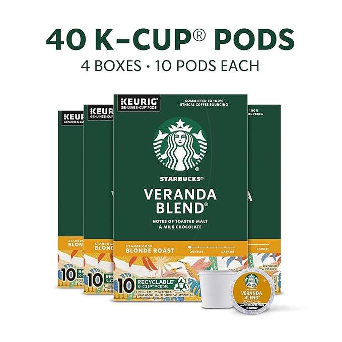 Starbucks K-Cup Coffee Pods, Starbucks Blonde Roast Hot or Iced Coffee, Veranda Blend, 40 Keurig Pods
