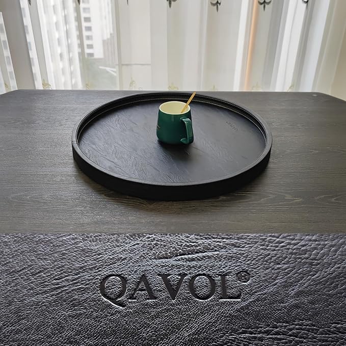 20 * 20 inches High-end Luxury Leather Round Oversized Service Tray, Ottoman & Coffee Tray for Family Dinner, Out-of-House Picnic, Party Essential (20 inch Black)