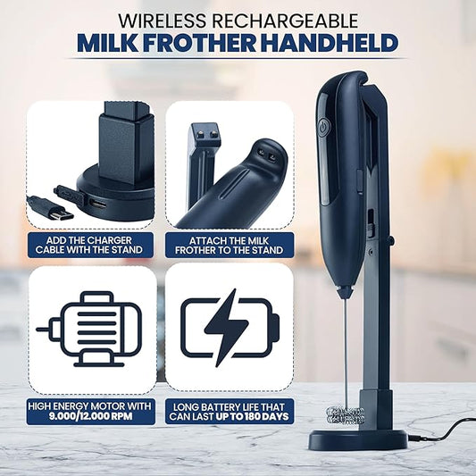 Rechargeable Milk Frother Handheld with Stand for Latte Art/Coffee Mixer Wand/Double Whisk Milk Frother Wand Coffee Frother Handheld/Electric Whisk Frother/Drink Mixer Handheld