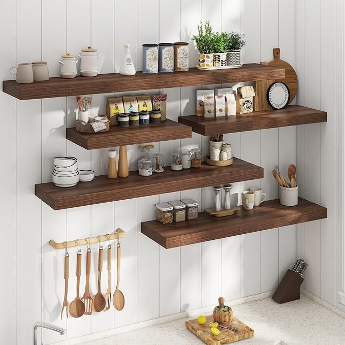 Marsmiles 12" Deep Floating Shelves for Wall with Invisible Brackets, Wall Mounted Engineered Wood Shelves with Wood Grain for Living Room, Bedroom, Kitchen Decor and Storage, 55" L Set of 1, Walnut
