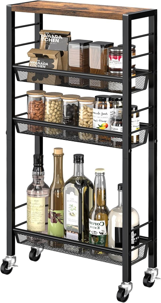 Narrow Storage Cart with Wheels,4-Tier Narrow Kitchen Carts Slim Rolling Cart,Skinny Storage Cart for Small Spaces,Rolling Utility Cart for Livingroom,Diningroom,Office,Laundry Room,Bathroom