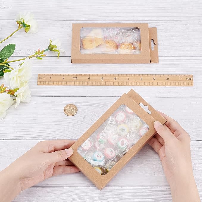 BENECREAT 20 Pack Kraft Paper Boxes with Clear Window 7x3.5x0.6 Brown Gift Packaging Boxes for Bakery Cookies Cake Candy Wedding Party Favors