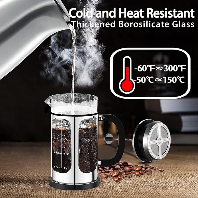 YMMIND French Press Coffee Maker (21oz 600ML 3-4Cup) Coffee Press, with 4 Filters System, Heat Resistant Thickness Borosilicate Glass, Cold Brew Coffee Tea Pot Gifts (Silvery)