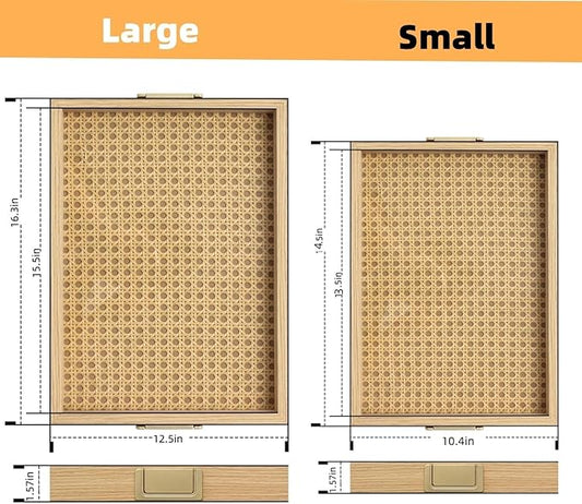 Rattan Woven mesh Wooden Tray, Metal Handle, 2-Piece Food and Beverage Tray, Coffee Table, Breakfast, Dinner and bar, Kitchen, Party (Rattan Weaving/Large+Small)