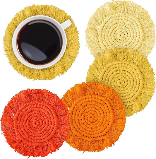 Whaline 4Pcs Boho Macrame Coasters Yellow Orange Handmade Woven Drink Coasters Farmhouse Rustic Cup Mat Pad for Home Kitchen Office Fall Party Table Decor