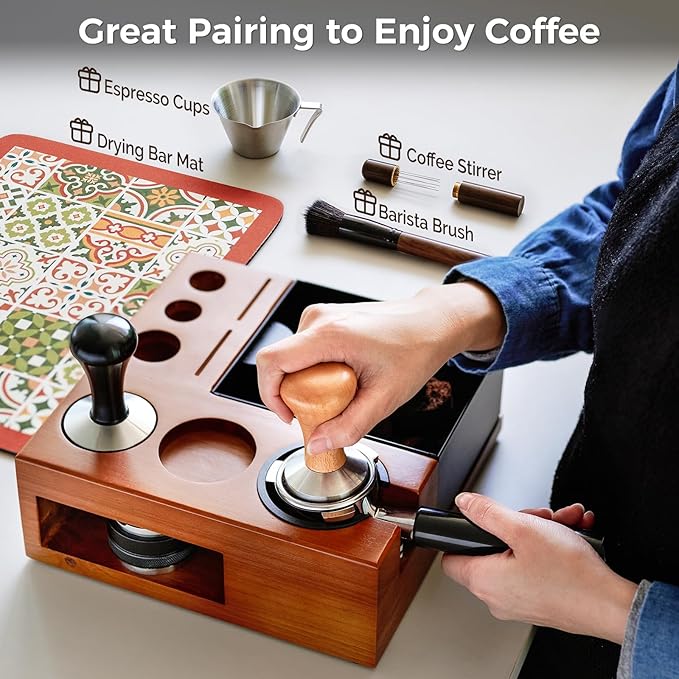 ARC Espresso Tamping Station With Knock Box, Coffee Organizer Box Fit For 51/54/58MM Portafilter, Tamper, Distributor, Puck Screen Espresso Accessories, With Drying Bar Mat, Cleaning Brush, Shot Cup