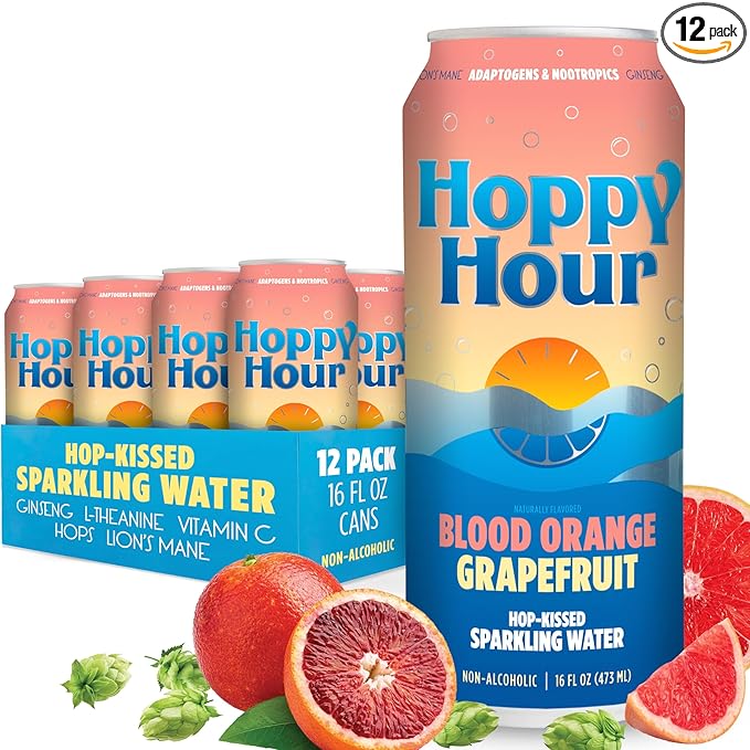 Hoppy Hour Sparkling Hop Water, Non-Alcoholic and Adaptogens Drink, Zero Sugar and Calories, Refreshing Bright Citrus Flavor, 12 oz Cans (12-Pack) (16 Fl Oz (Pack of 12), Blood Orange Grapefruit)