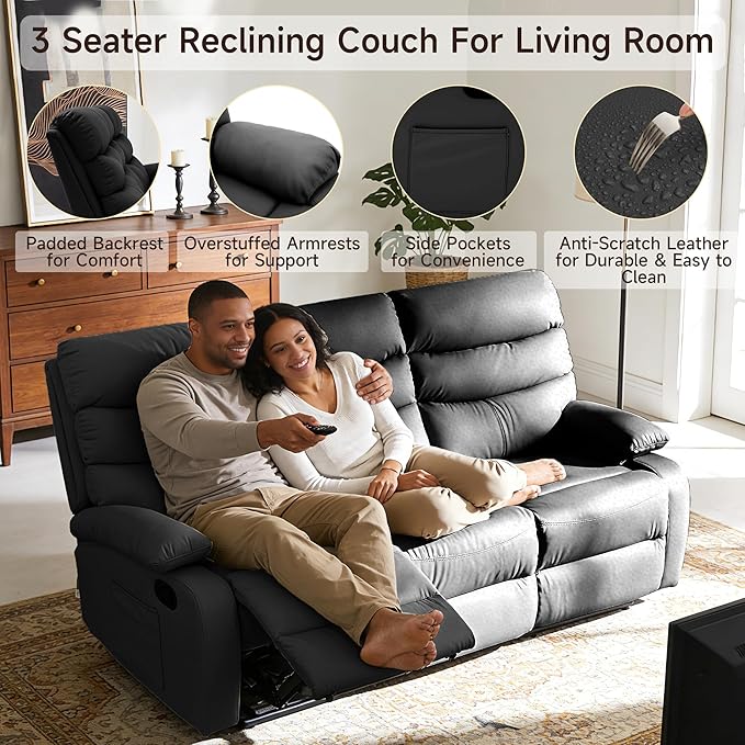 3 Seater Recliner Sofa Set, Anti-Scratch Reclining Loveseat Sofa & Couch for Living Room, RV, Home Theater Apartment(Black, 3 Seater Sofa)