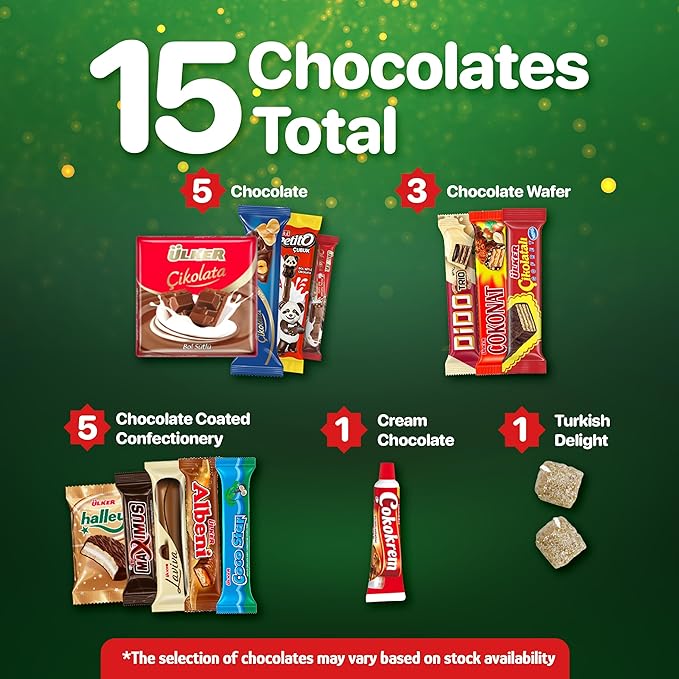 Eastanbul International Snack Box, 15 Chocolate Assortment Bars, Turkish Exotic Snacks, Assorted Candy Variety Pack of Foreign Exotic Candy Box of Assorted Chocolate