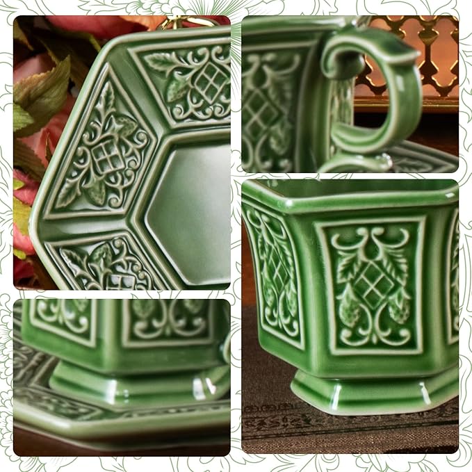 KAMMAK Tea Cups and Saucers Set of 2, Porcelain Coffee Cups, 6-Ounce Stackable Espresso Mugs, Ceramic Demitasse for Coffee, Latte, Americano, Tea, Retro Green