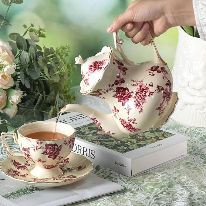 KAMMAK Teapot with Handle, Vintage Porcelain Tea Pot with Gold Trim, Blooming & Loose Leaf Teapot, Festive Holiday Serveware, Gifts for Women, Red Flowers - 30 oz