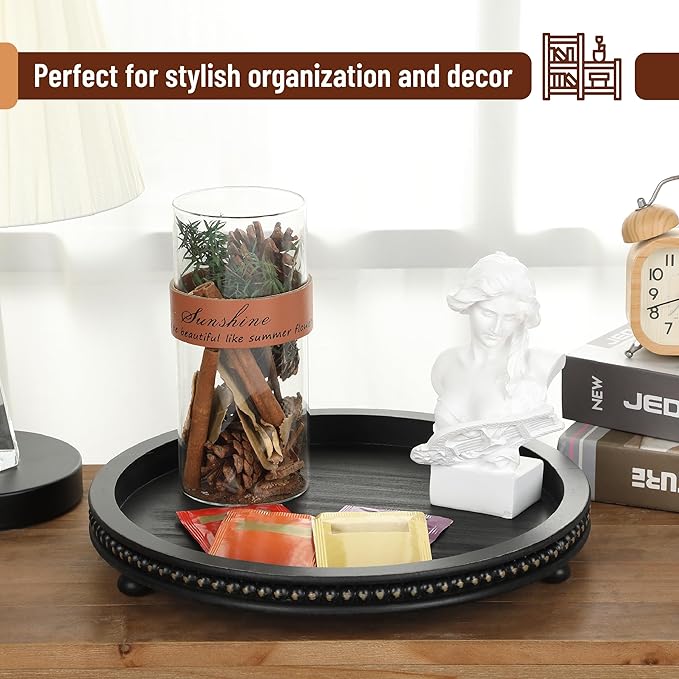 Bamboo Land- Round Decorative Trays for Coffee Table, 12", Black, Wood Tripod & Beaded Design, Wooden Round Tray for Coffee Table