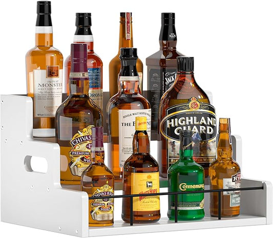 Yelinkws Liquor Bottle Display Shelf,Wood Syrup Organizer Rack,3 Step Countertop Organizer Wine Rack,Rustic Coffee Station Accessories for Syrup (White)