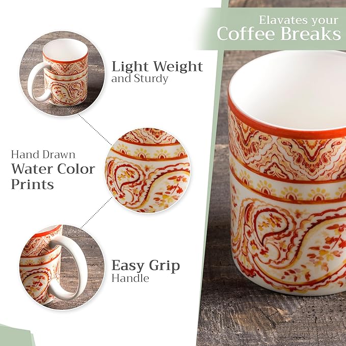 Maison d' Hermine Coffee Mug with Handles Fine Bone China Mugs Pack of Two Tea Cups for Hot Beverages Cappuccino Latte Home Restaurant Office Perfect for Gift (Palatial Paisley, 12 Ounce)