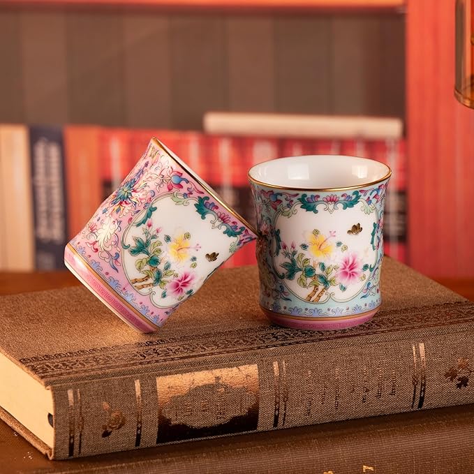 KAMMAK Tea Cups Set of 2, 3.53 Mini Ceramic & Porcelain Tea Mugs - Handleless Vintage, Non-Toxic Handcrafted Cups for Juice, Coffee, Gift(Pink + Lake Blue)