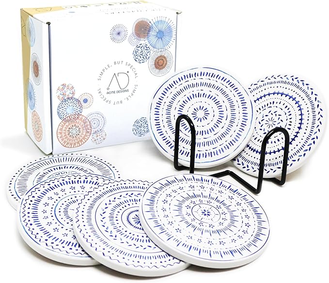 AD Set of 6 Coasters for Drinks Absorbing Round Ceramic Stone Coaster with Cork Base,Tabletop Protection Mat for Mugs and Cups,Office,Kitchen (Nordic Blue with Holder)