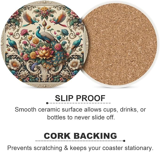 Round-6PCS Peacock Ceramic Coasters, Round Absorbent Drink Coasters, Beautiful Plant Colorful Floral Peacock Boho Art Ceramic Table Coasters for Coffee, Beverage, Wine, Beer Coasters