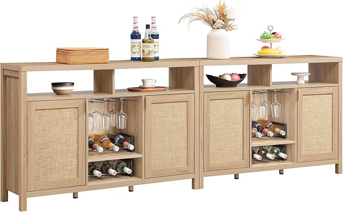 SICOTAS Rattan Coffee Bar Cabinet, 102" Large Sideboard Buffet Cabinet with Storage, Farmhouse Liquor Cabinet with Wine Racks Credenza Console Buffet Table for Home Living Dining Room Entryway